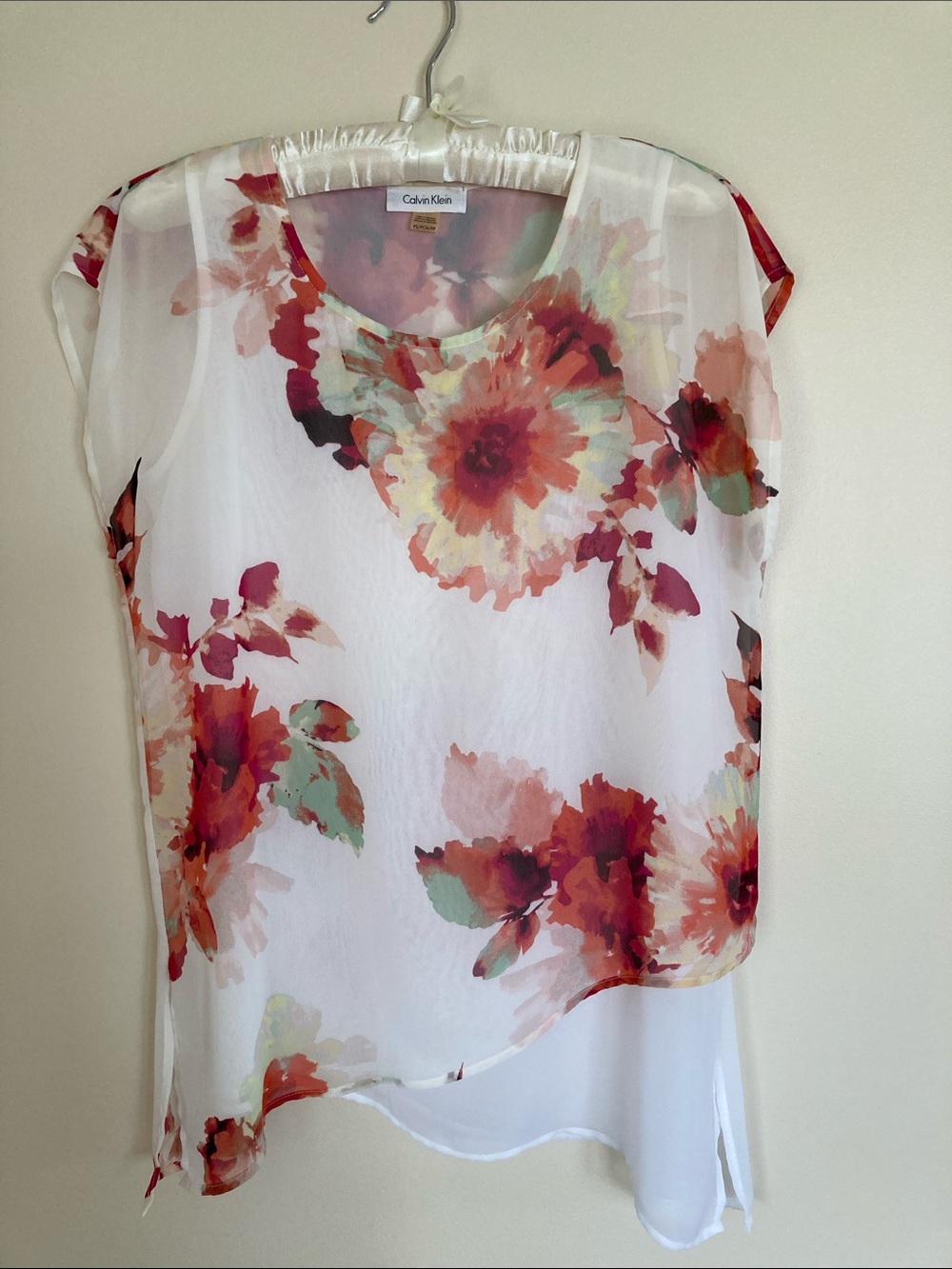 Calvin Klein White Sheer Floral Blouse with Red, Green and Yellow Accents